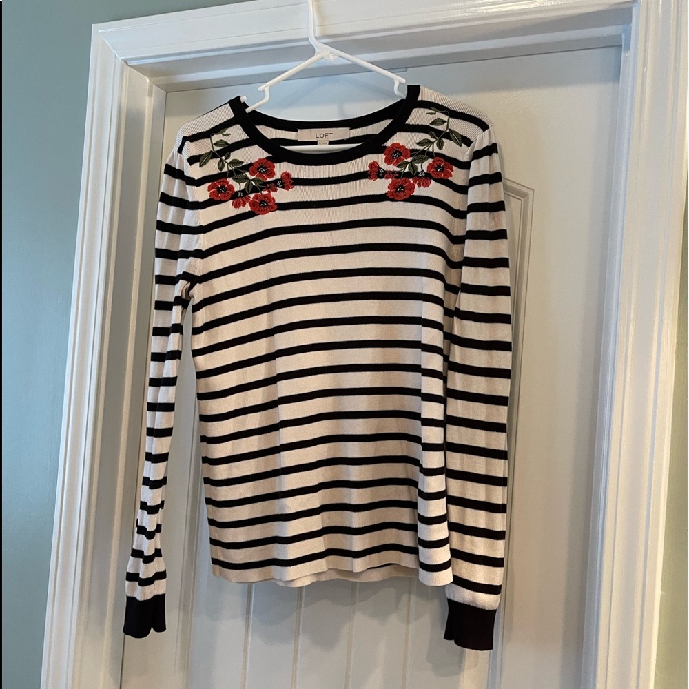 Black and white stripped cashmere loft sweater with floral patches